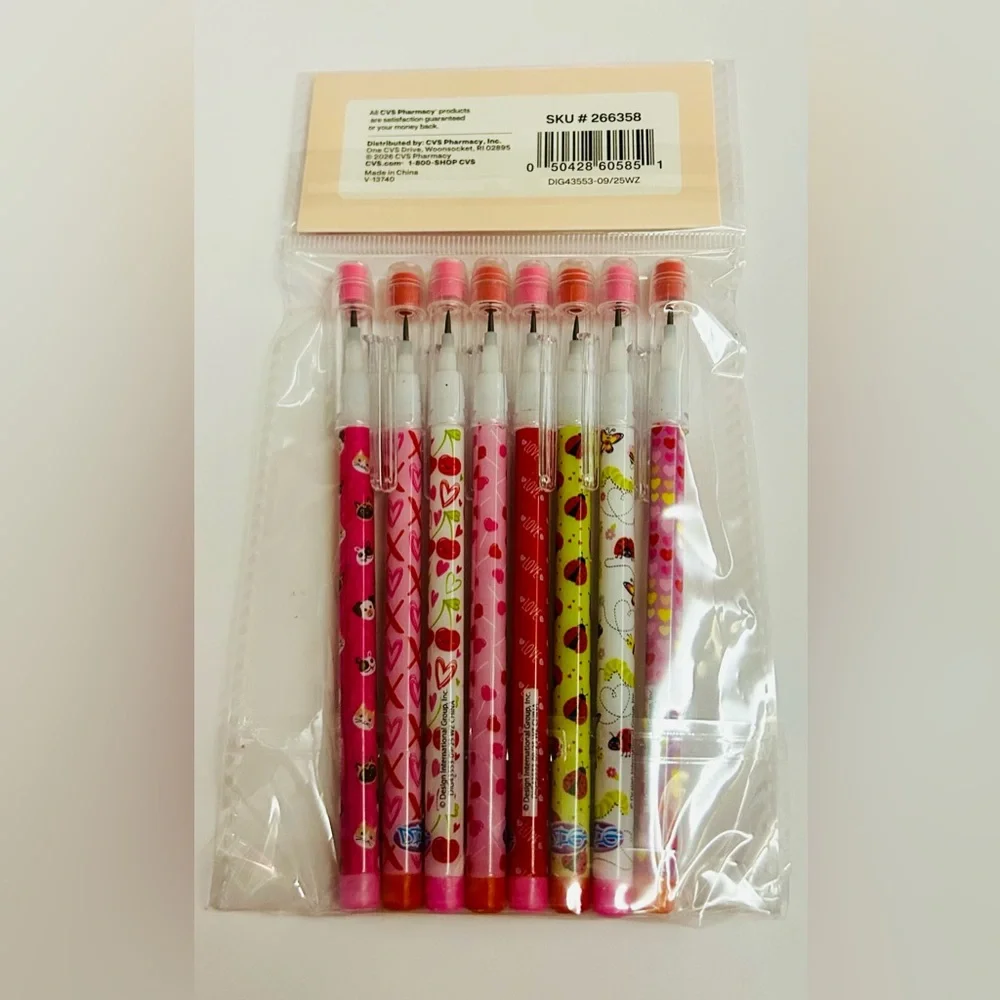 New Joyward Push Pencils 8 Pack Erasers Red White Pink Hearts Ladybugs